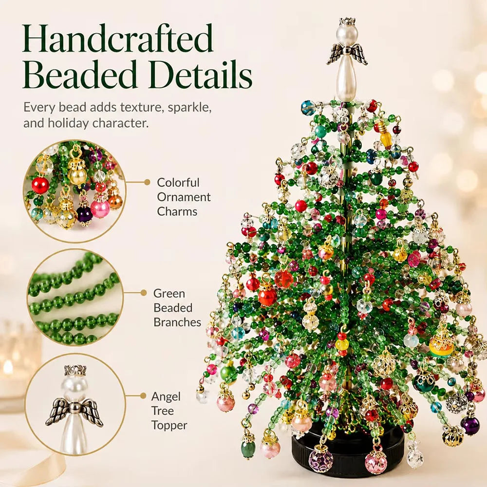 Beaded details: ornament charms, green beaded branches and angel topper