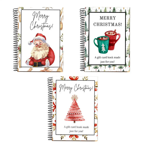 Christmas gift card book in 3 cover designs: Santa Claus, Hot Cocoa Mugs and Red Christmas Tree