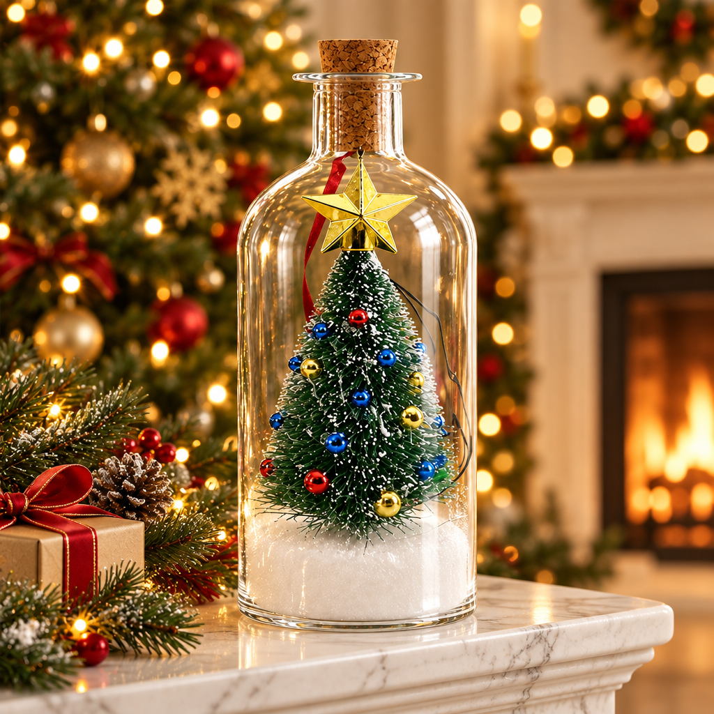 Recordable Christmas message bottle on a mantel by the fireplace