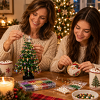 Mother and daughter making the tree and ornaments together