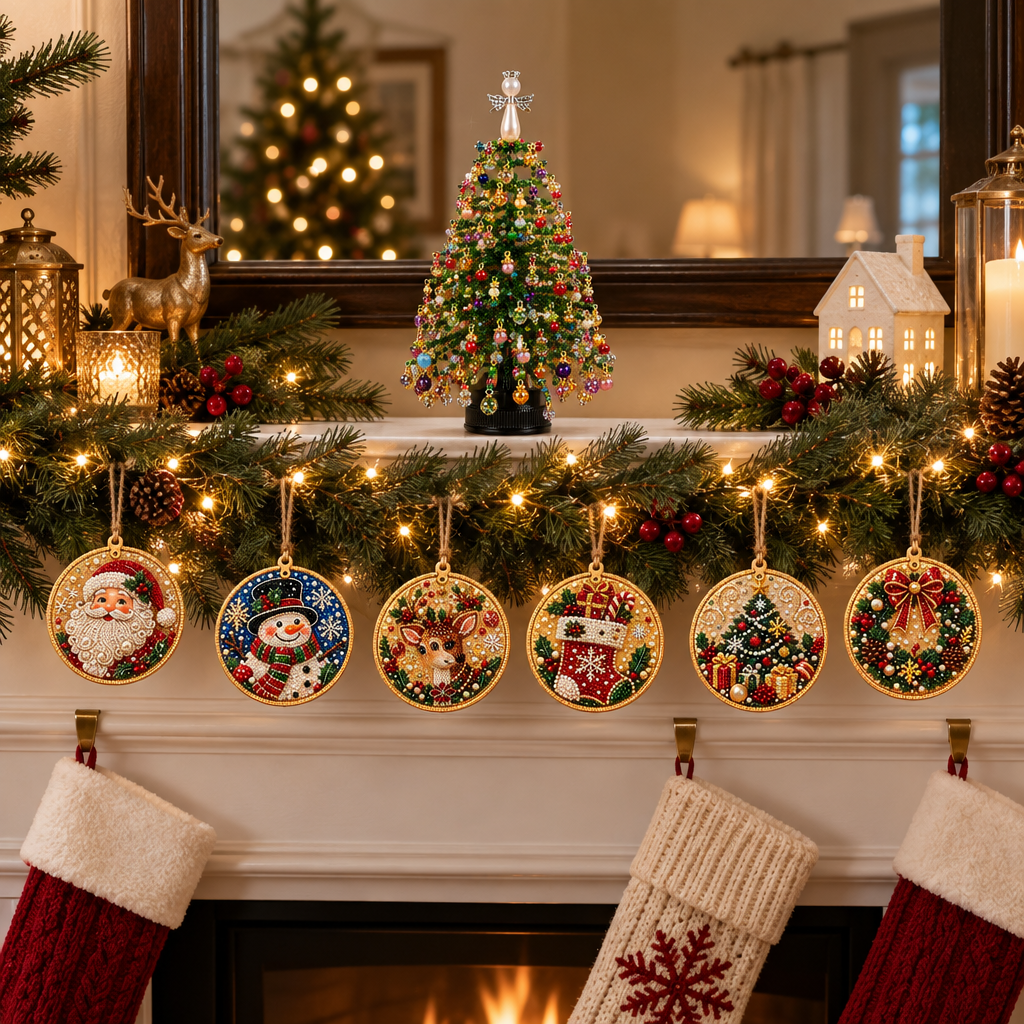 Finished beaded tree and six pearl ornaments on a mantel