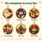 Six ornaments in every box: Santa, Snowman, Fawn, Stocking, Tree, Wreath