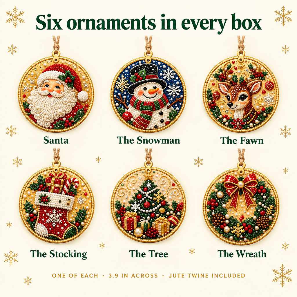 Six ornaments in every box: Santa, Snowman, Fawn, Stocking, Tree, Wreath