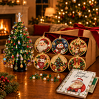 Beaded tree, six pearl ornaments and Santa gift card book on a cozy table