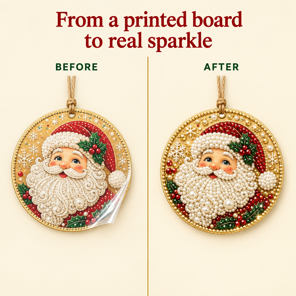 Before and after: the printed Santa board and the finished pearl ornament