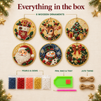 Everything in the box: 6 wooden ornaments, pearls and gems, pen, wax, tray and jute twine