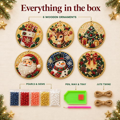 Everything in the box: 6 wooden ornaments, pearls and gems, pen, wax, tray and jute twine