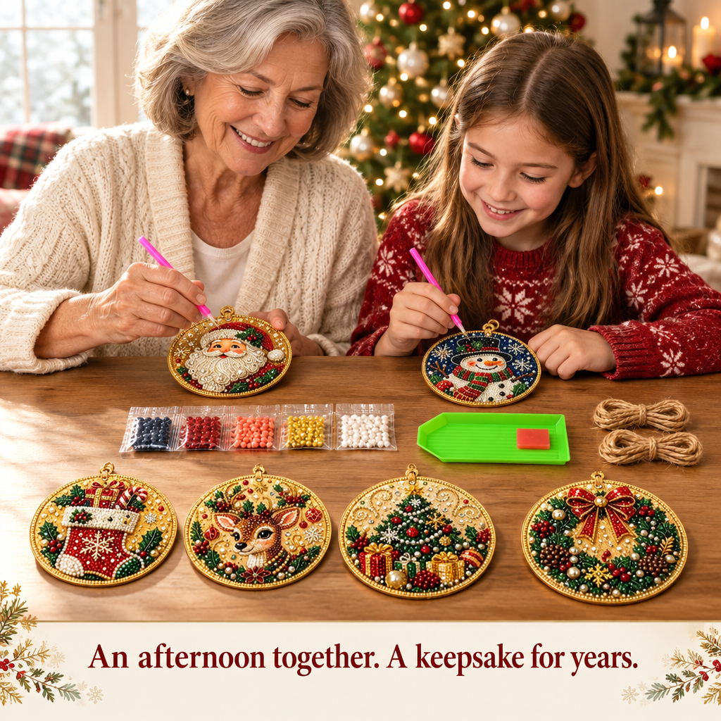 Grandmother and granddaughter decorating the ornaments together