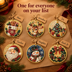 Six finished ornaments with gift tags: one for everyone on your list