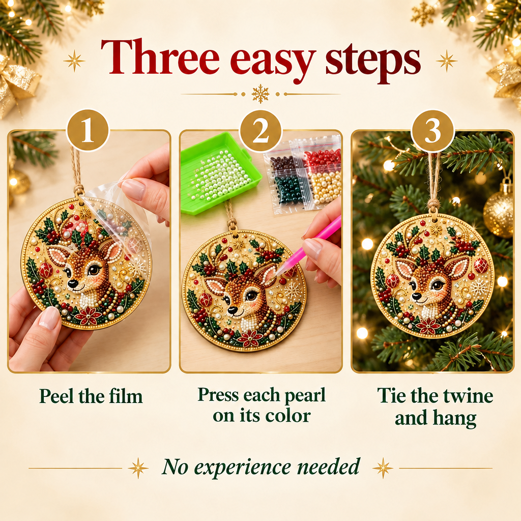 Three easy steps: peel the film, press each pearl on its color, tie the twine and hang