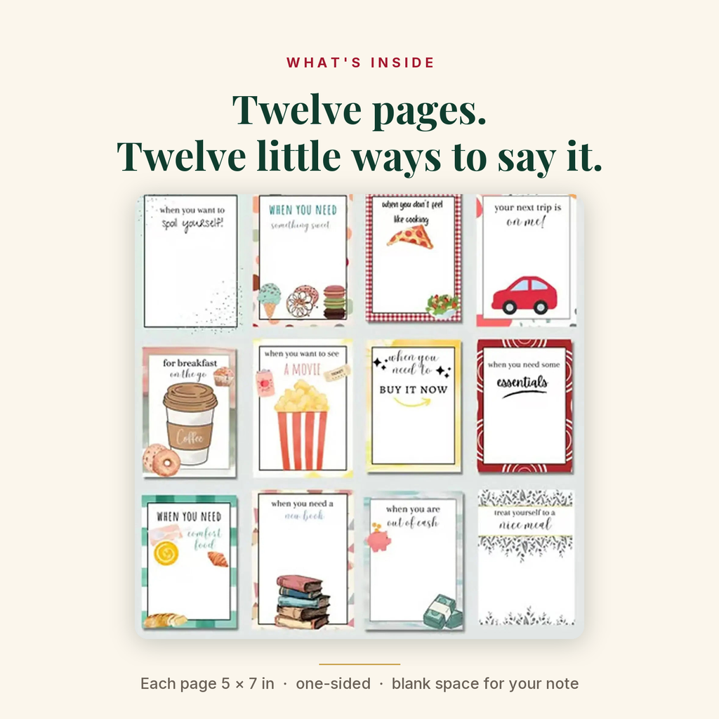 Twelve themed gift card pages, each 5 by 7 inches, one-sided with space for a note