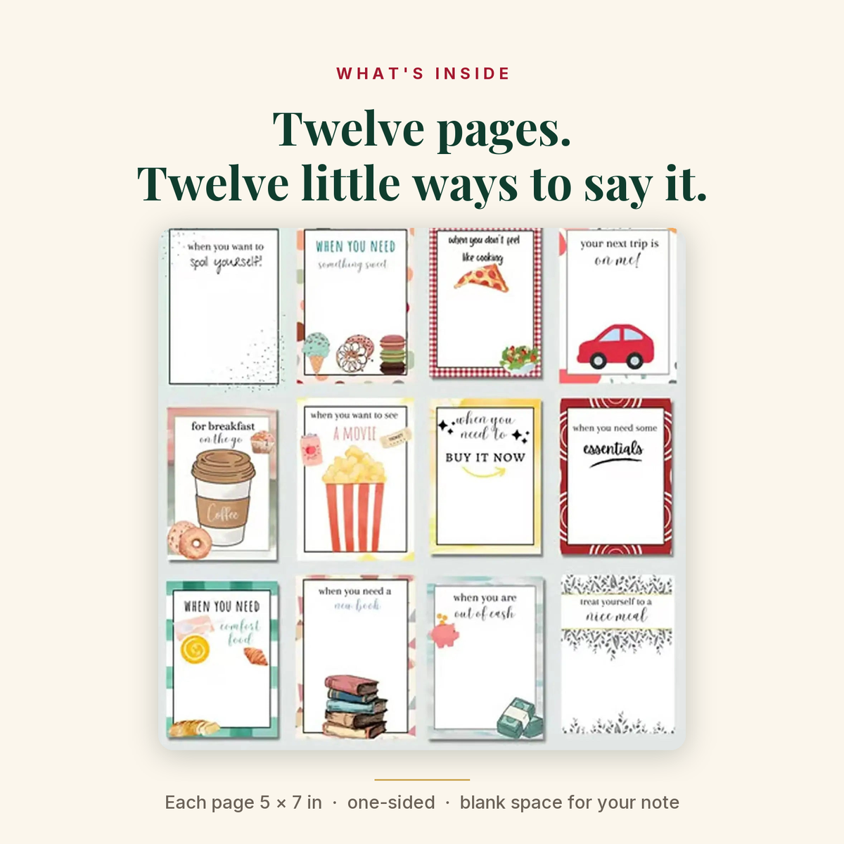 Twelve themed gift card pages, each 5 by 7 inches, one-sided with space for a note