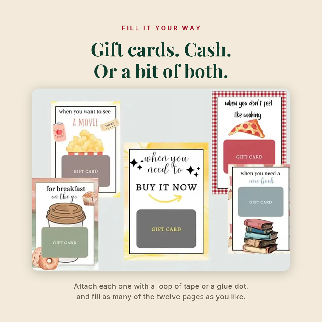 Attach gift cards or cash to the pages with a loop of tape or a glue dot