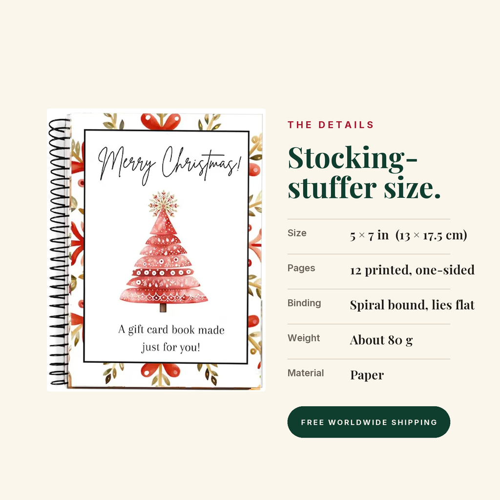 Stocking-stuffer size: 5 by 7 inches, 12 printed pages, spiral bound, about 80 grams