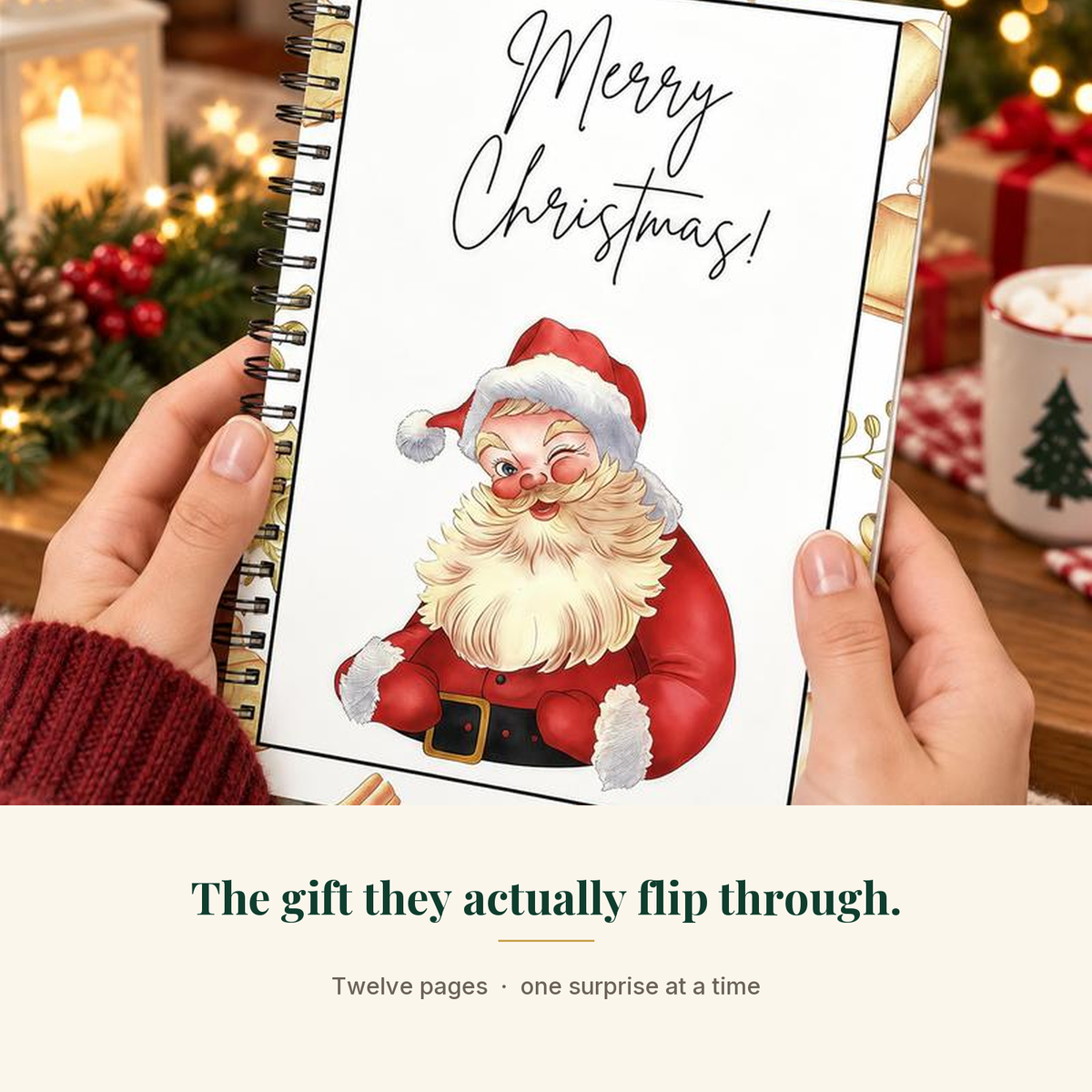 Hands holding the Christmas gift card book by the tree - the gift they actually flip through