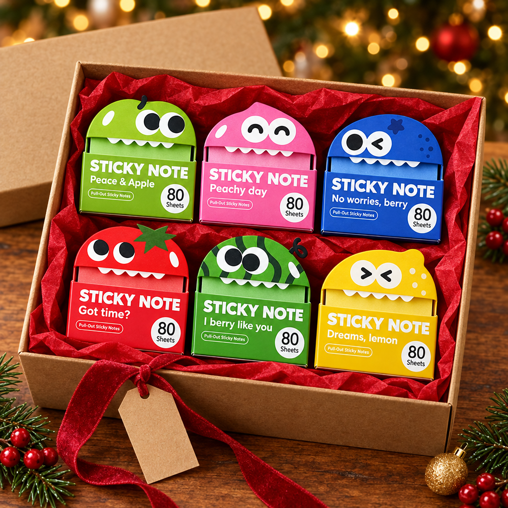 The six fruit monster sticky note boxes in a Christmas gift box