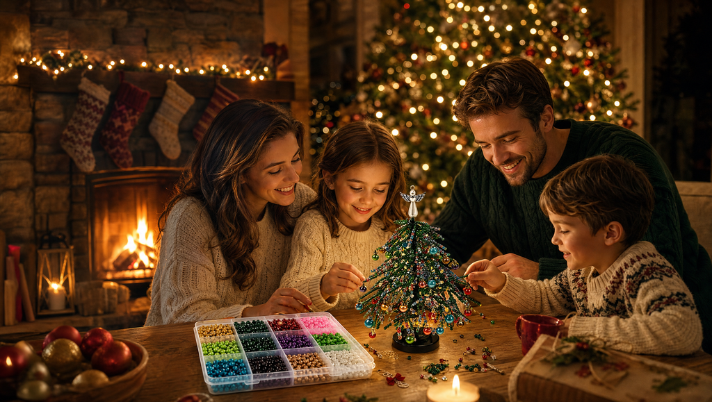 Family building the beaded Christmas tree together