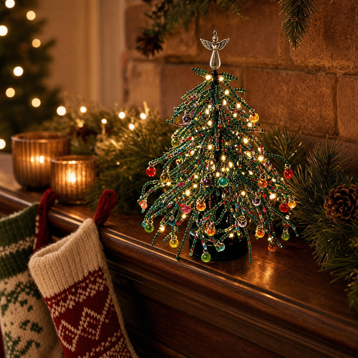 Finished beaded Christmas tree on a fireplace mantel