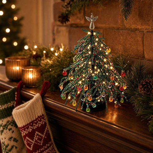 Finished beaded Christmas tree on a fireplace mantel