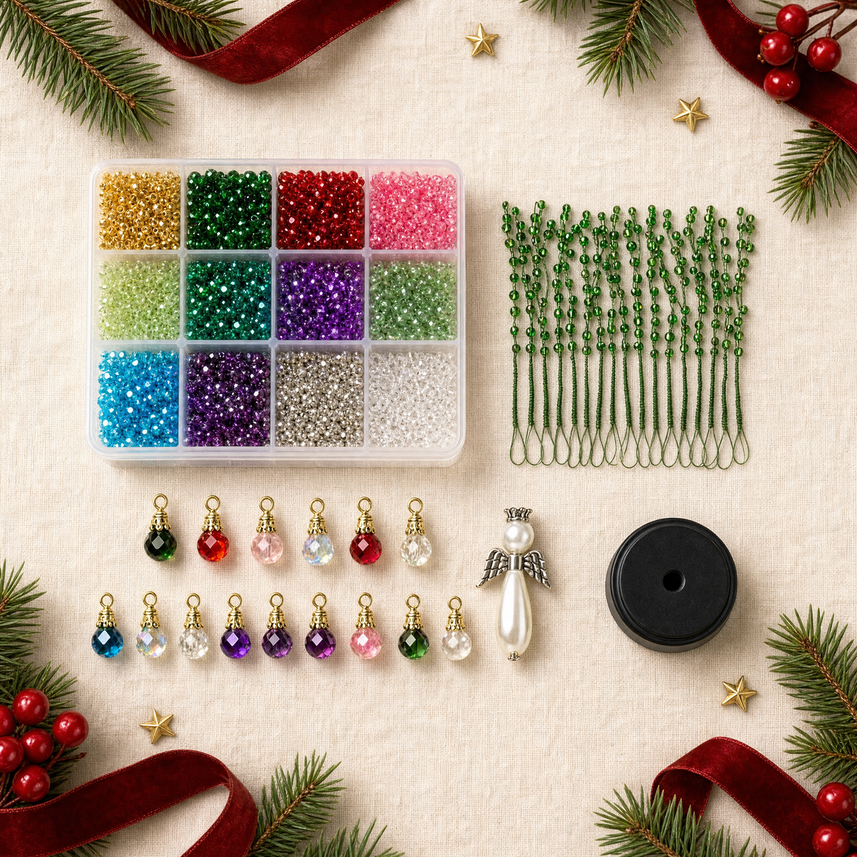 Everything included in the DIY beaded Christmas tree kit
